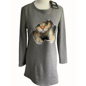 JustFashionNow Cat Print Long Sleeve Heavy Gray Mini Sweatshirt Dress NEW Medium